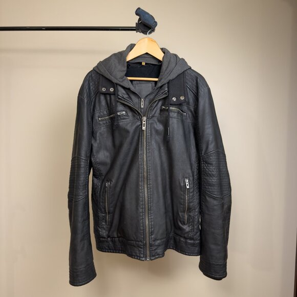 ProjekRaw Black Faux Leather Jacket with Removable Hood (Large) - Picture 1 of 4